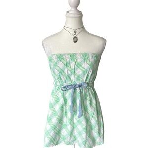 Y2K “Roxy” Green and White Tartan Print Babydoll Style Tube Top